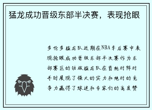 猛龙成功晋级东部半决赛，表现抢眼